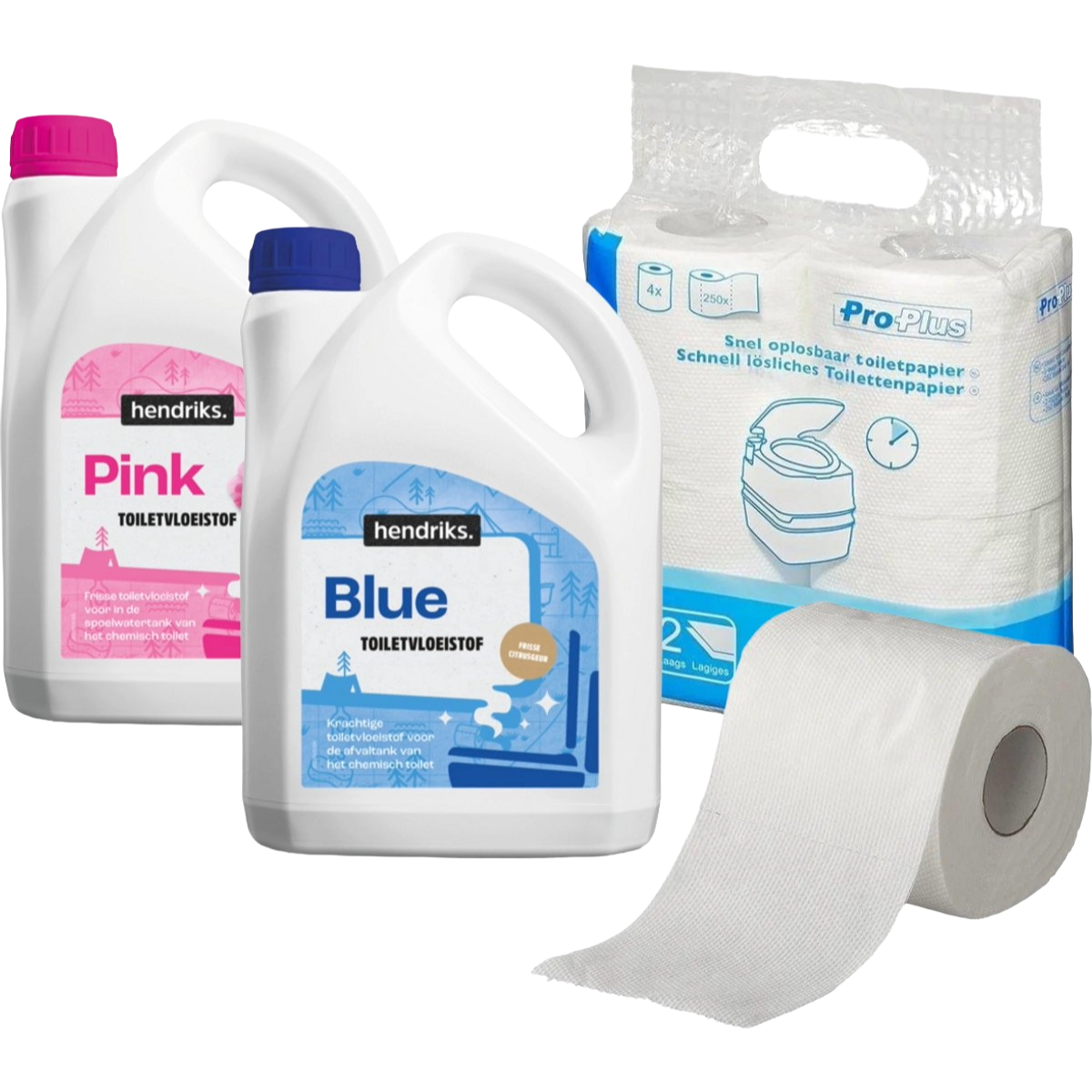 Hendriks - Toiletverzorgingsset: Toiletvloeistof Roze + Blauw + Toiletpapier
